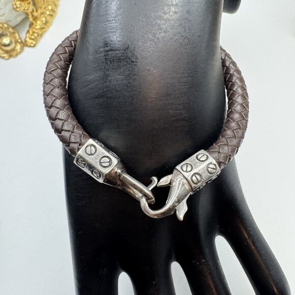 Vintage Sterling Silver 925 Braided Leather Bracelet Brown Southwestern Rare - Picture 3 of 9